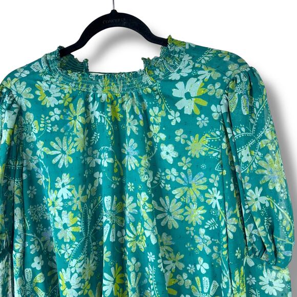 Free People NWT Sea Combo Clarissa Floral Print High Neck Smocked Blouse XS - Picture 4 of 9